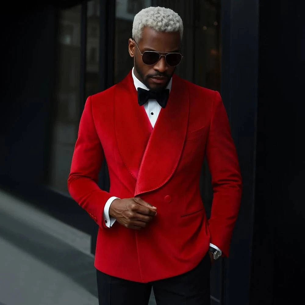 Luxury men's velvet suit by Nehwei enterprise, double-breasted blazer with shawl lapel and matching slim fit pants for prom or parties.