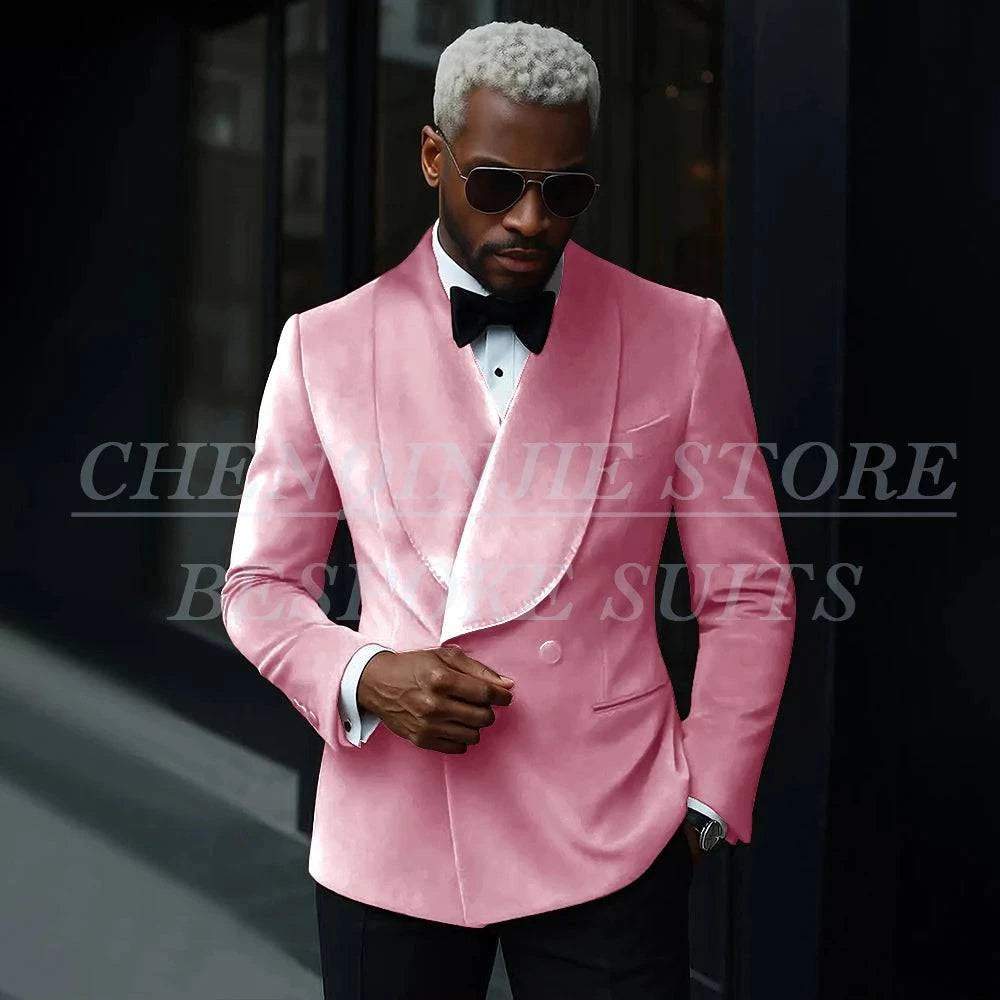 Nehwei enterprise luxury men's velvet double-breasted suit with shawl lapel, slim fit jacket and matching pants for formal occasions