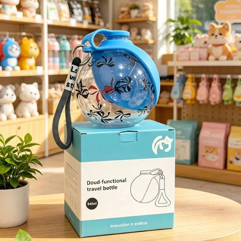 Nehwei 2-in-1 portable dog water bottle with 285ml capacity, outdoor travel water dispenser and small dog drink bowl.