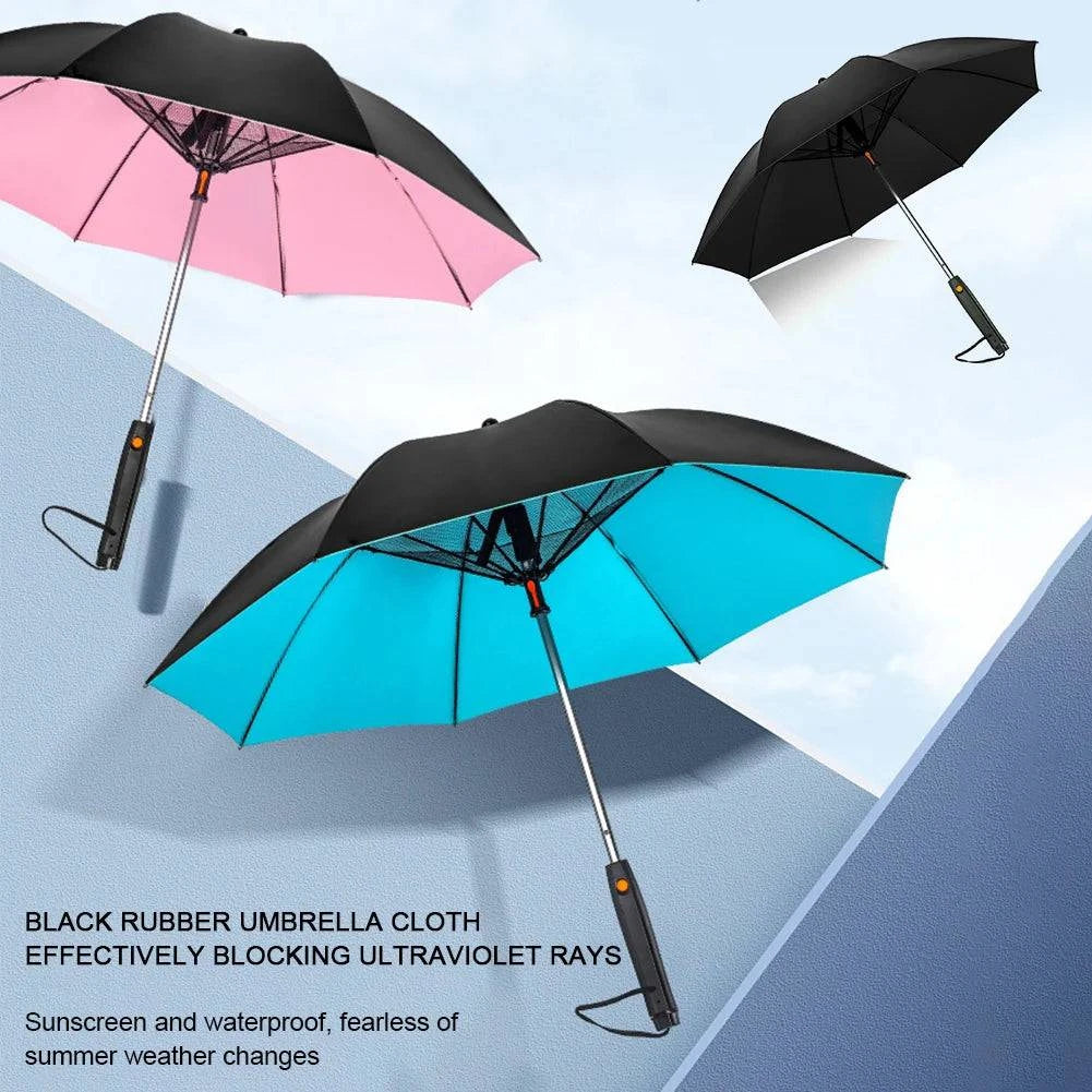 Portable 3-in-1 Nehwei enterprise umbrella with fan, mist spray, UV protection, and battery power for summer cooling.