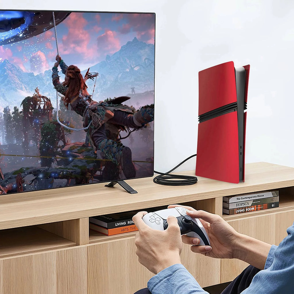 Red matte ABS faceplate for PS5 Pro Digital and Disc Edition with two silicone controller covers, by Nehwei enterprise.