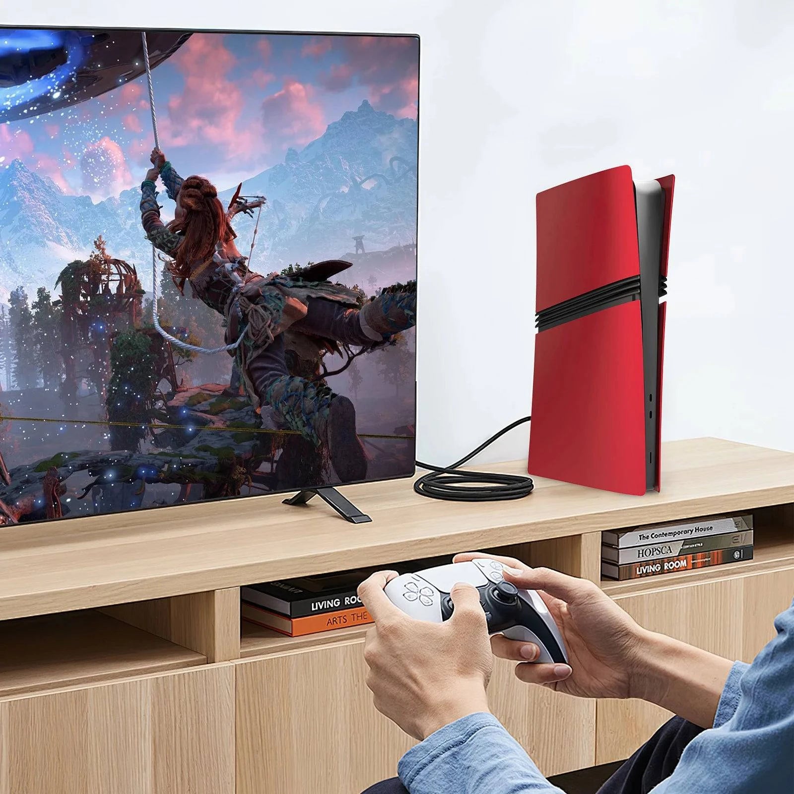 Red matte ABS faceplate for PS5 Pro Digital and Disc Edition with two silicone controller covers, by Nehwei enterprise.