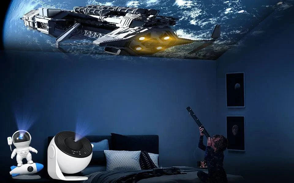 Nehwei enterprise galaxy night light projector set with starry sky and planetarium lamp, six-pack, images show colorful projections