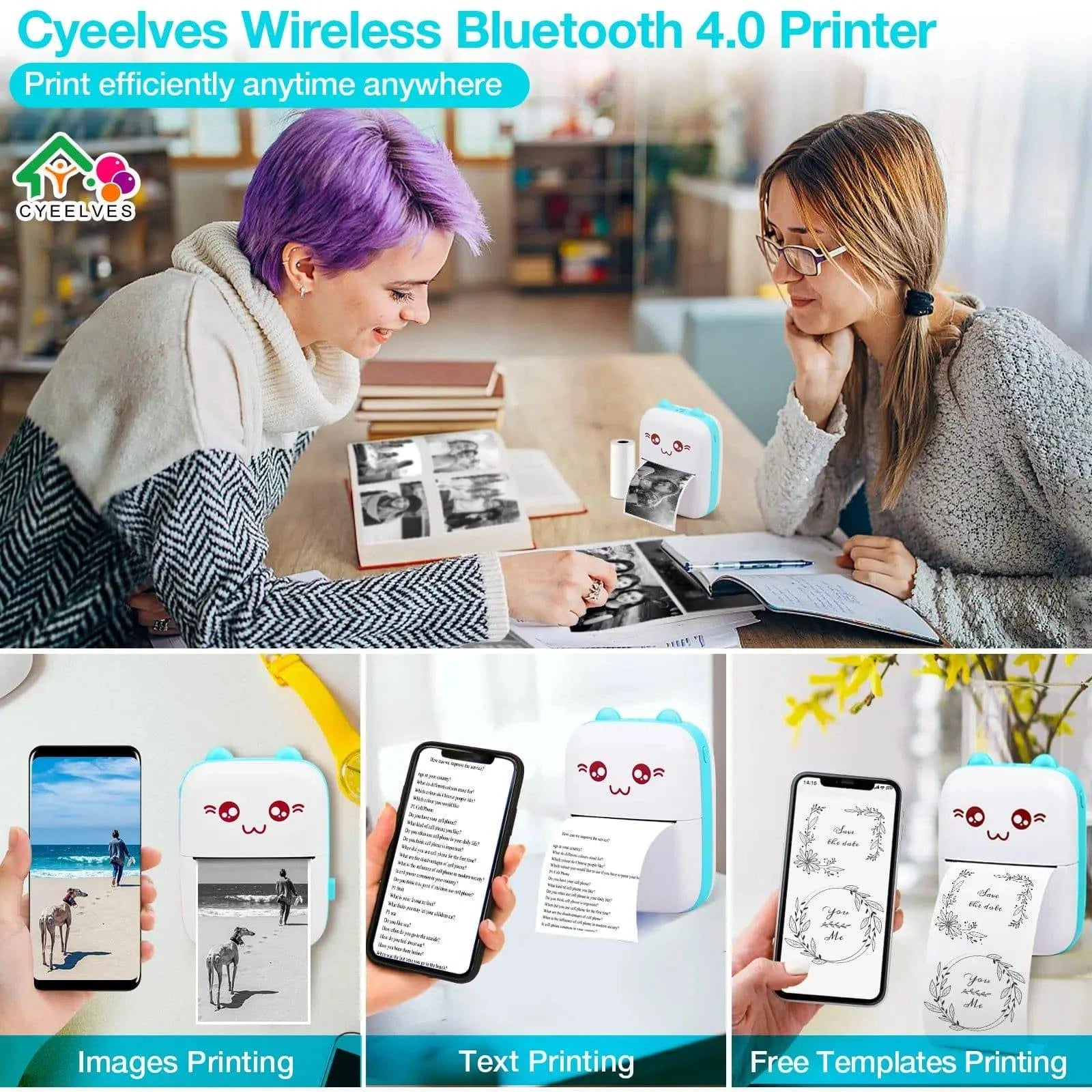 Portable Nehwei enterprise mini thermal printer with Bluetooth, showing compact design and six rolls of compatible photo paper.