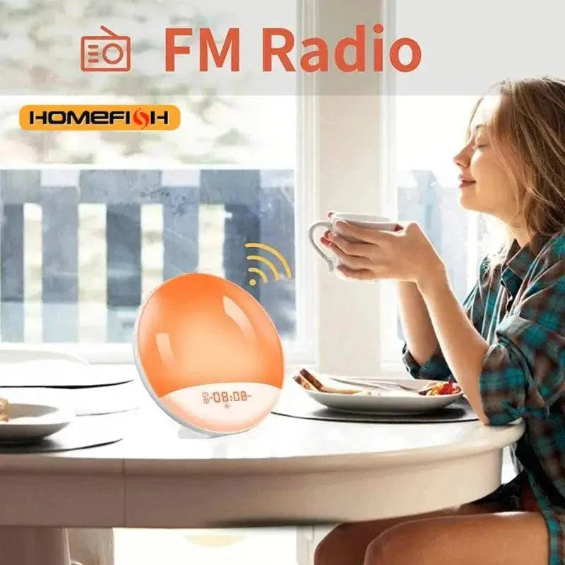 Nehwei Sunrise Sunset Alarm Clock with colorful atmosphere light, FM radio, and natural sound tunes for a relaxing wake-up experience.
