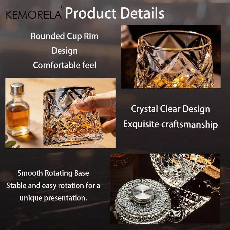 Nehwei enterprise 360° rotating crystal whisky glass with thick base, ideal for bourbon and scotch, on a reflective surface.