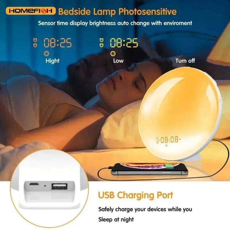 Nehwei Sunrise Sunset Alarm Clock with colorful atmosphere light, FM radio, and natural sound tunes for gentle wake-up.