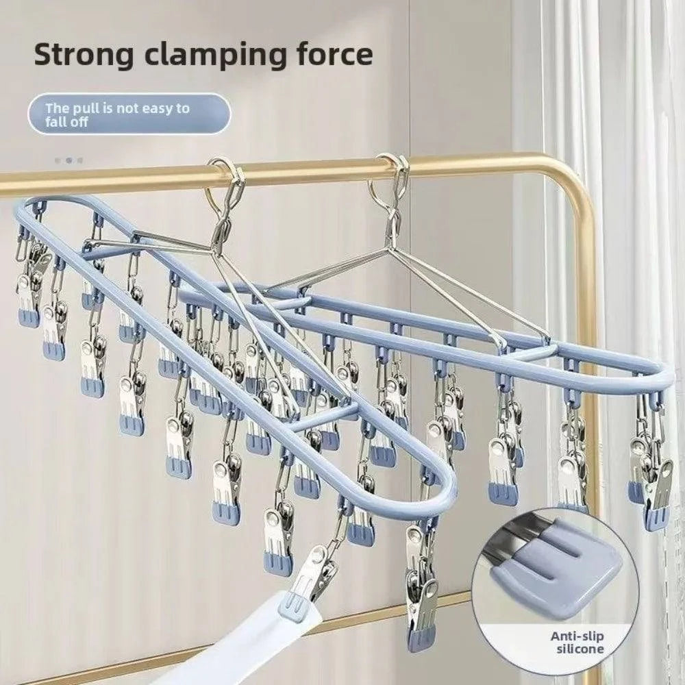 Nehwei enterprise stainless steel clothes drying rack with 20 clip capacity for socks, underwear, and clothes hanging.