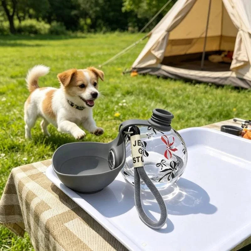 Nehwei portable 2-in-1 dog water bottle with 285ml capacity, travel puppy water dispenser and small dog drink bowl in black and blue