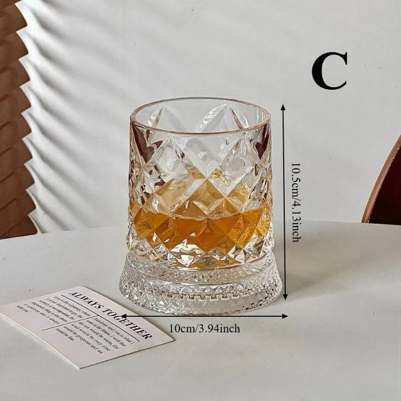 Nehwei enterprise 360-degree rotating crystal whisky glass with thick base, designed for bourbon and scotch, ideal for men's gift.