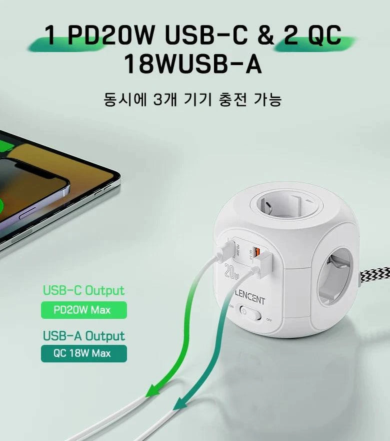 Nehwei enterprise LENCENT flat EU plug power strip cube with 4 AC outlets, 2 QC3.0 USB, Type C PD20W, braided cable.