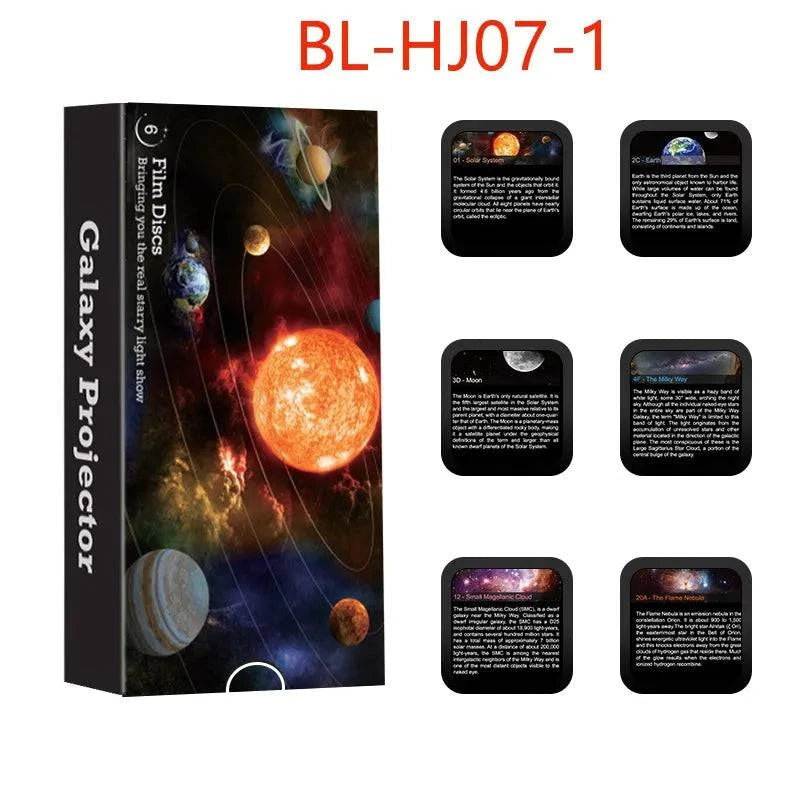 Nehwei enterprise starry sky galaxy night light projector set with six colorful star and planet images, projector not shown.
