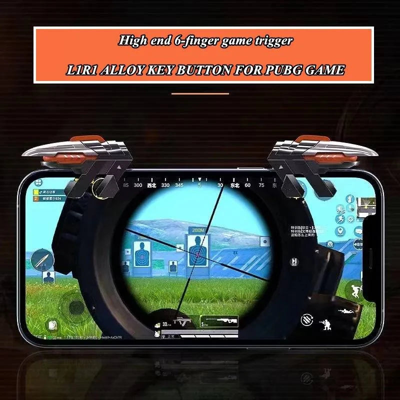 Nehwei MEMO 6 Finger mobile game trigger for PUBG, ABS alloy L1 R1 buttons for iOS and Android gaming controllers.