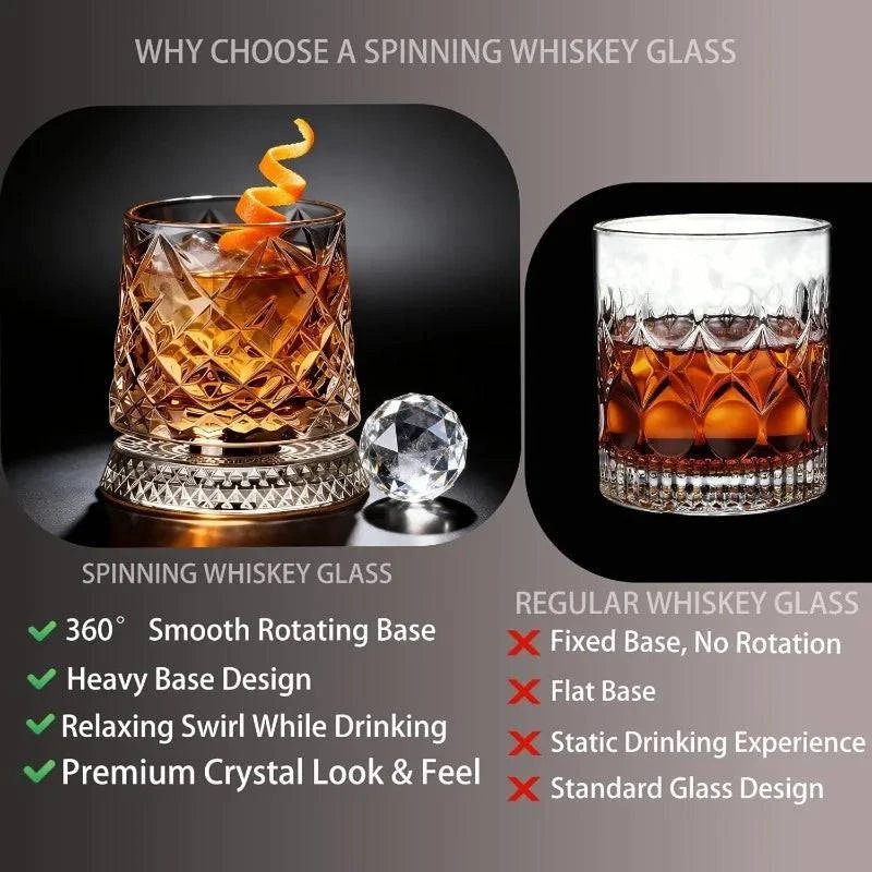 Nehwei enterprise 360-degree rotating crystal whisky glass with thick base, ideal for bourbon and scotch, unique gift for men