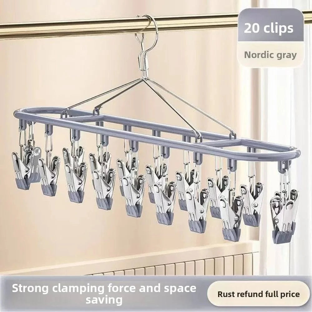 Stainless steel clothes drying rack with 20 clip capacity, featuring sock and underwear clips, designed for Nehwei enterprise.