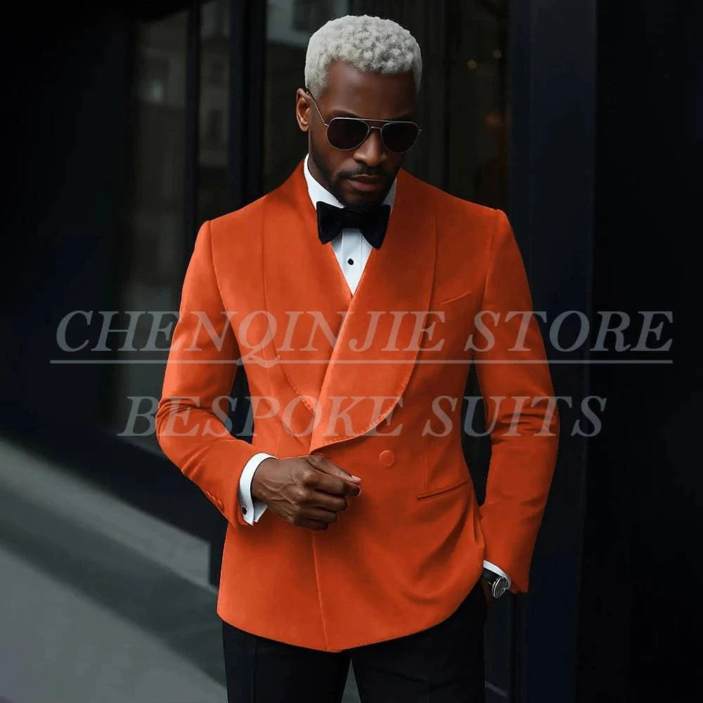 Luxury men's velvet double-breasted suit with shawl lapel, slim fit jacket and pants for prom, party, or formal occasions.