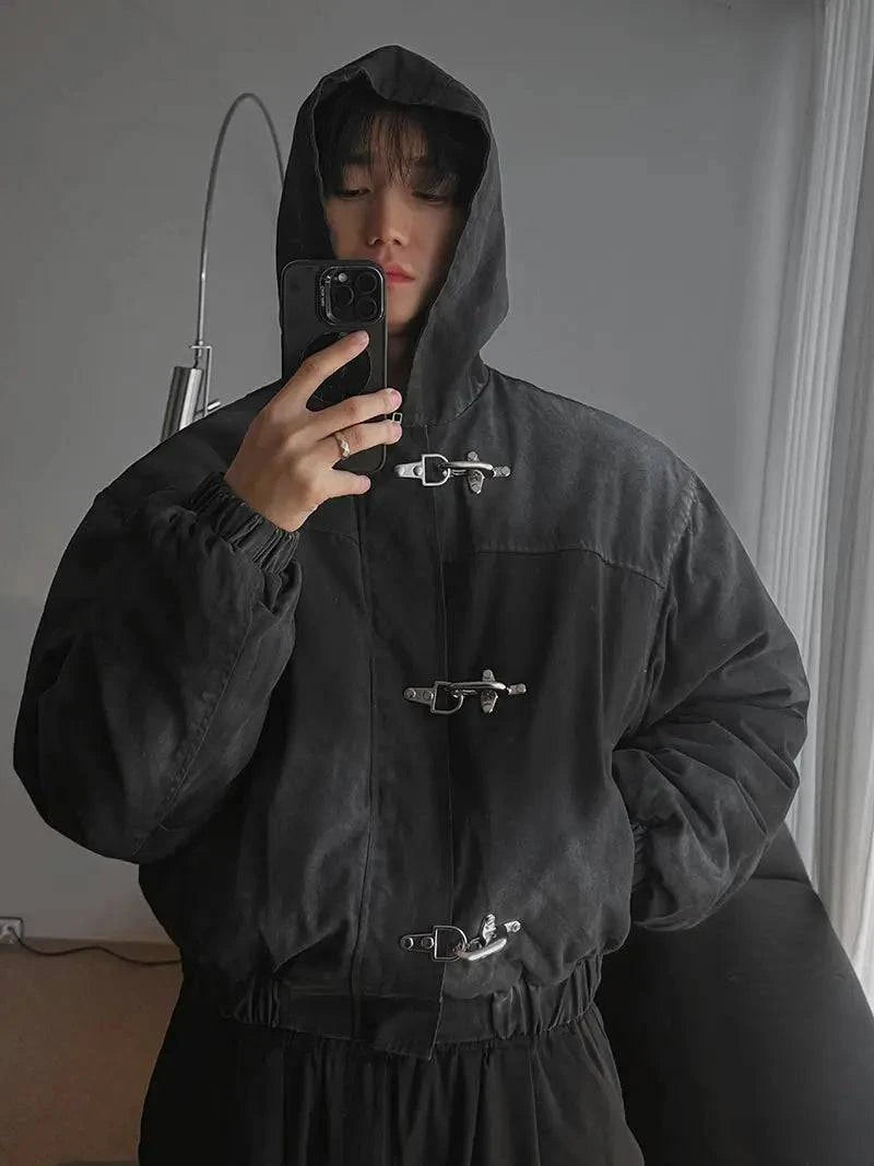 Nehwei enterprise oversized hoodie coat with snap fasteners, high street Y2K retro punk style, casual men's fashion jacket