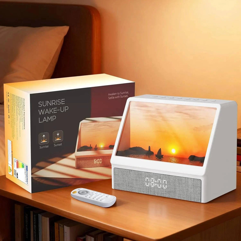 Nehwei enterprise sunrise alarm clock with ambient lights, Bluetooth, and wake-up features for kids and adults in a bedroom setting.