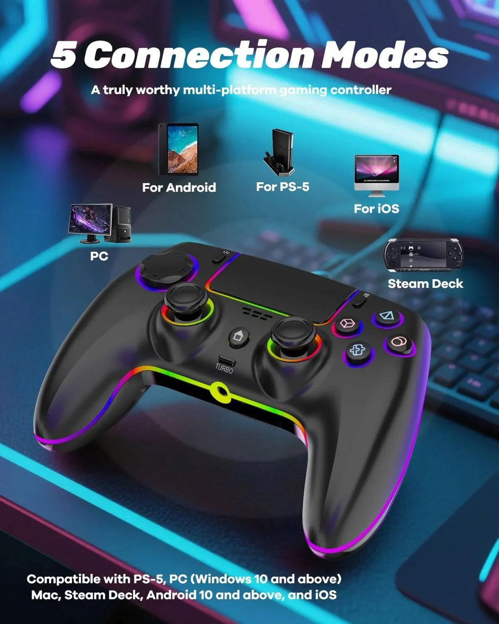 Wireless PS5 controller by Nehwei with dual Hall joysticks, triggers, macro back buttons, RGB lighting, and 1500mAh battery.