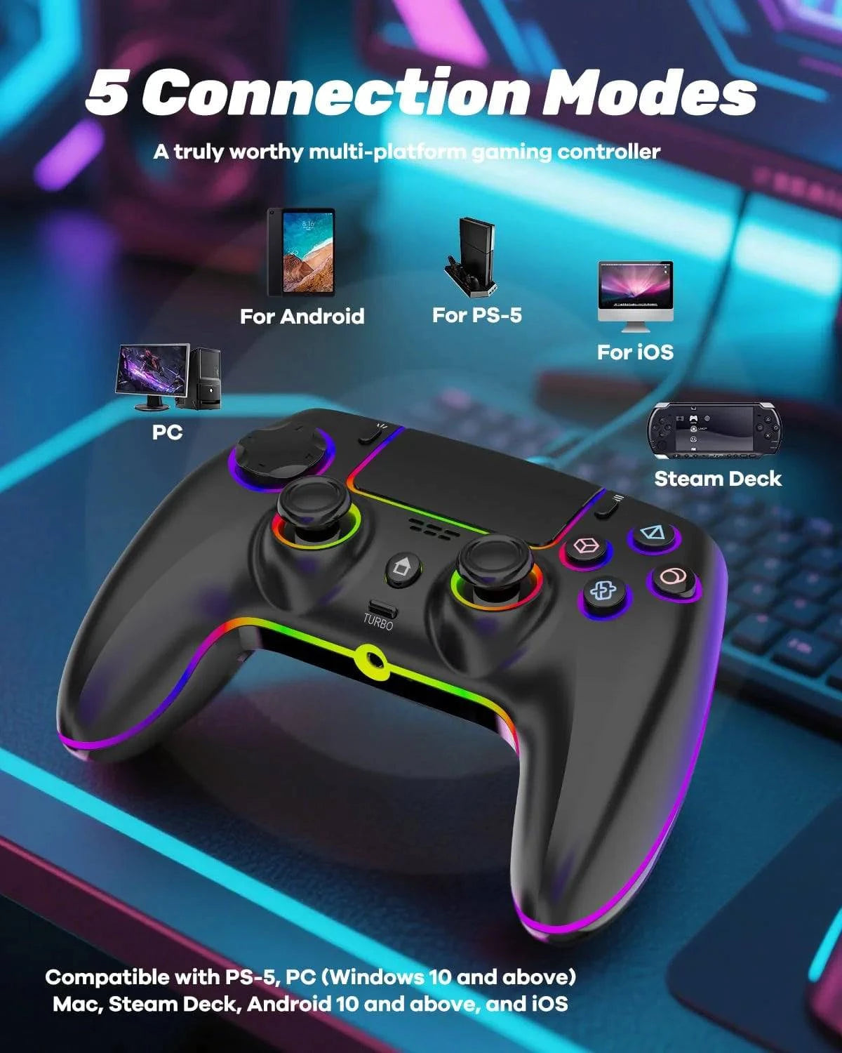 Wireless PS5 controller by Nehwei with dual Hall joysticks, triggers, macro back buttons, RGB lighting, and 1500mAh battery.