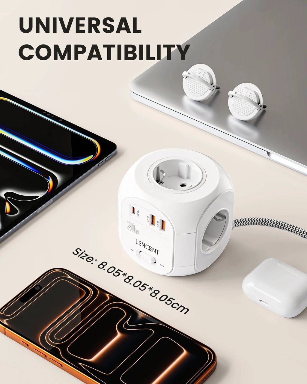Nehwei enterprise LENCENT flat EU plug power strip cube with 4 AC outlets, 2 QC3.0 USB, Type C PD20W, braided cable, home use