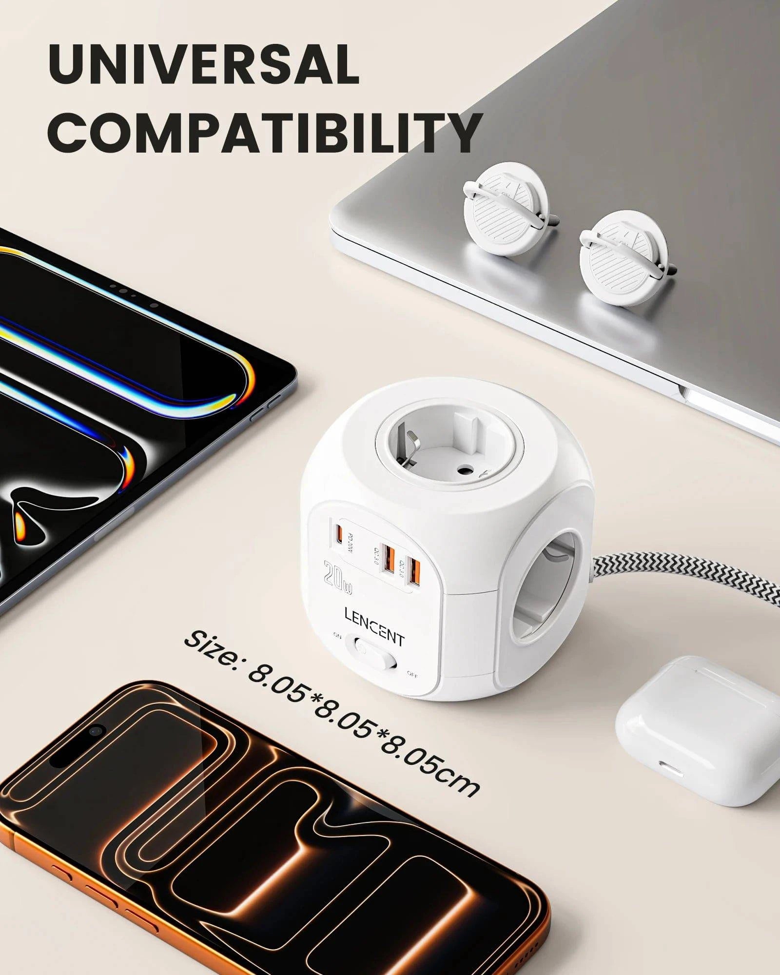 Nehwei enterprise LENCENT flat EU plug power strip cube with 4 AC outlets, 2 QC3.0 USB, Type C PD20W, braided cable, home use