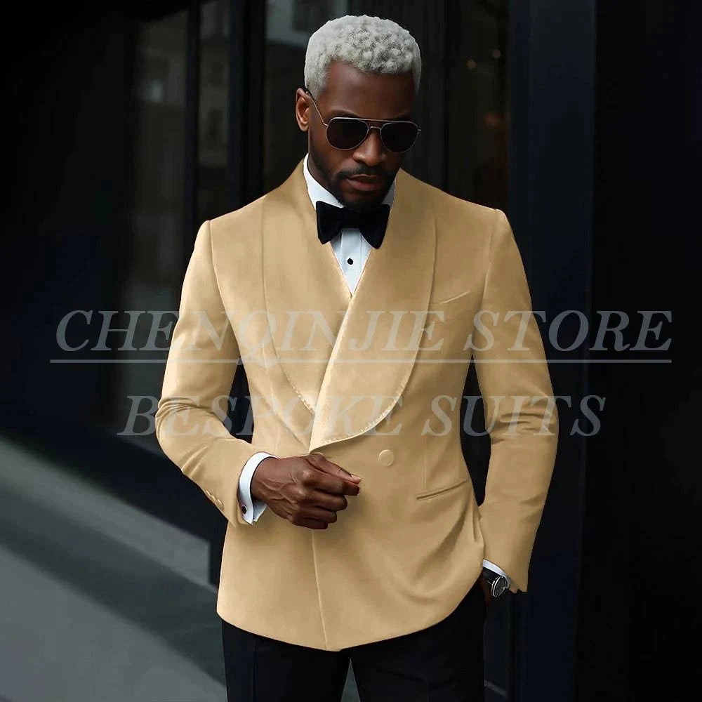 Nehwei enterprise men's luxury velvet double-breasted suit with shawl lapel, slim fit jacket and matching pants for formal occasions