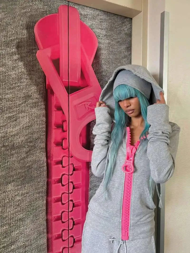 Nehwei Enterprise Y2K street Harajuku oversized zipper multi-pocket hoodie in solid color, loose fit for women, trendy American fashion style