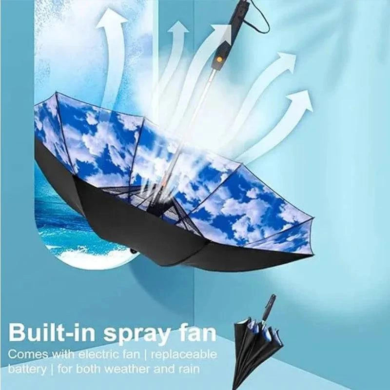 Nehwei enterprise 3-in-1 portable umbrella with fan, mist spray, UV protection, and battery power for summer cooling.