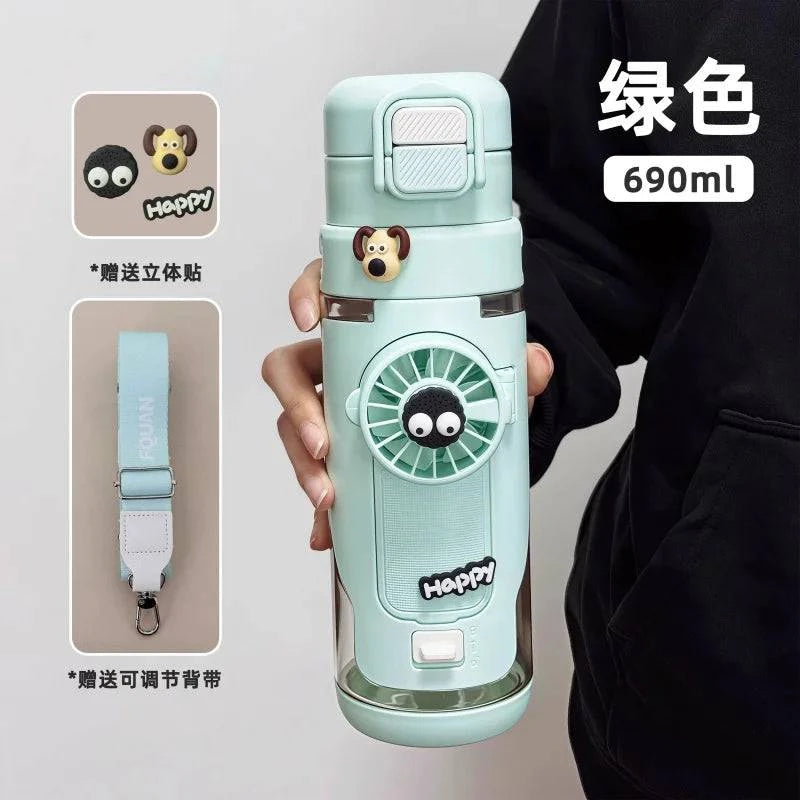 Nehwei 2-in-1 portable water bottle with built-in fan and mist spray, leakproof design for outdoor sports and kids.