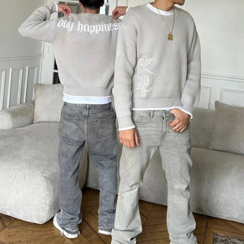 Nehwei enterprise oversized men's round neck knitted pullover sweater with full sleeves and gothic embroidery, casual street style.