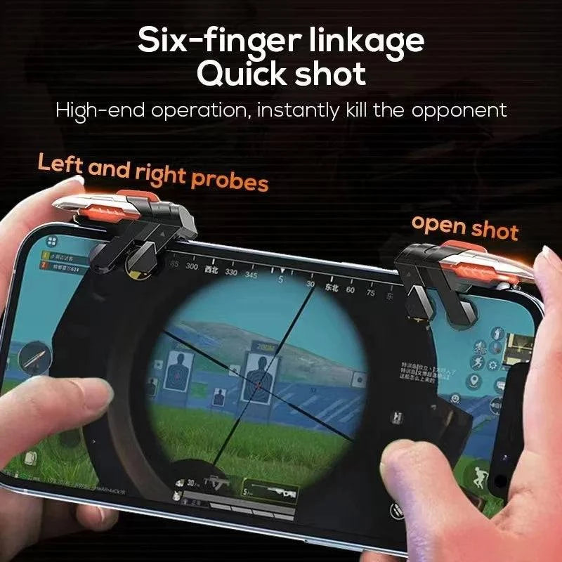 Nehwei MEMO 6 Finger Mobile Phone ABS game trigger for PUBG, featuring alloy L1 R1 buttons for iOS and Android gaming controllers.