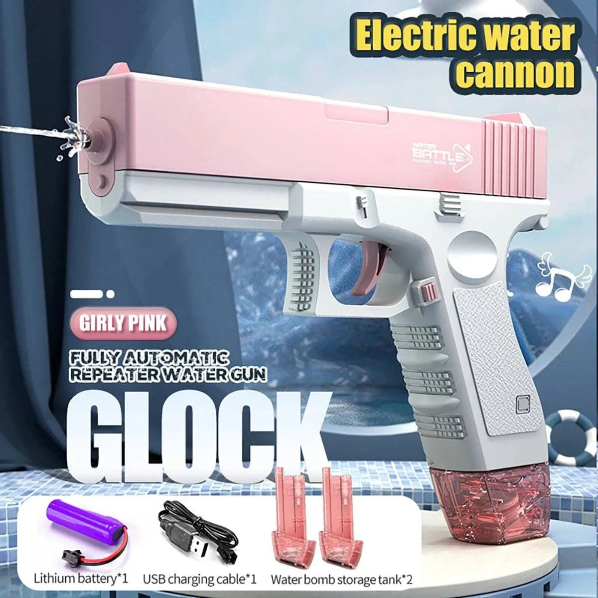Rechargeable electric water gun by Nehwei enterprise with automatic and manual spray, up to 32 ft range for kids and adults.