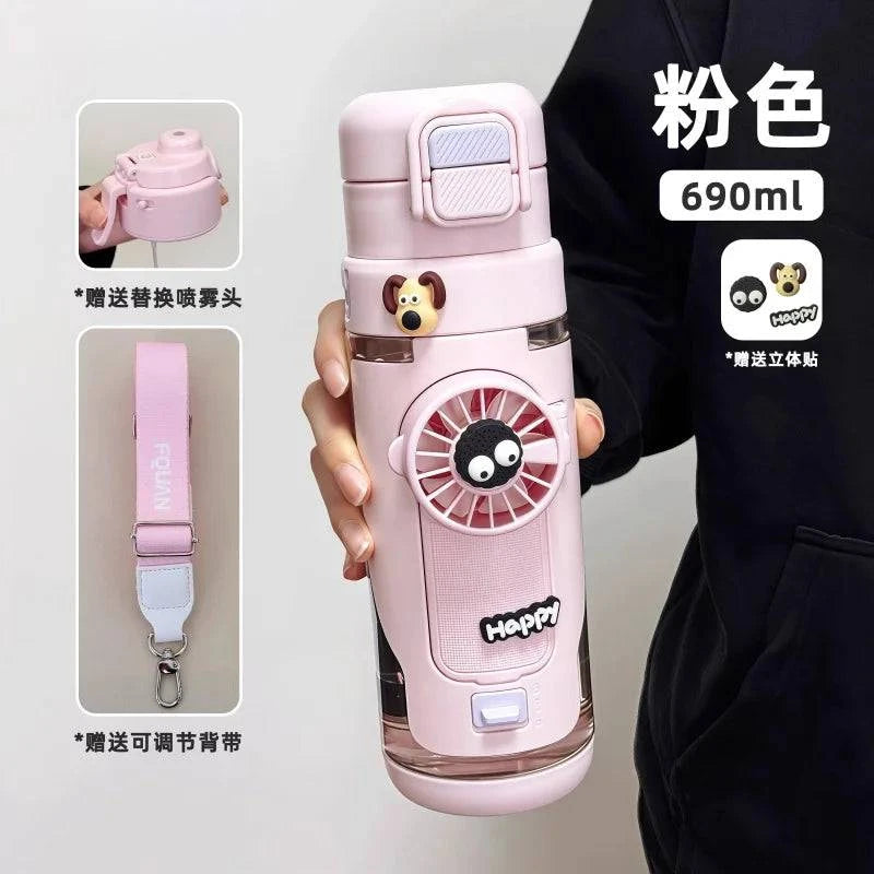 Nehwei enterprise 2-in-1 portable water bottle with fan mist spray, leakproof outdoor cooling cup for kids and students.