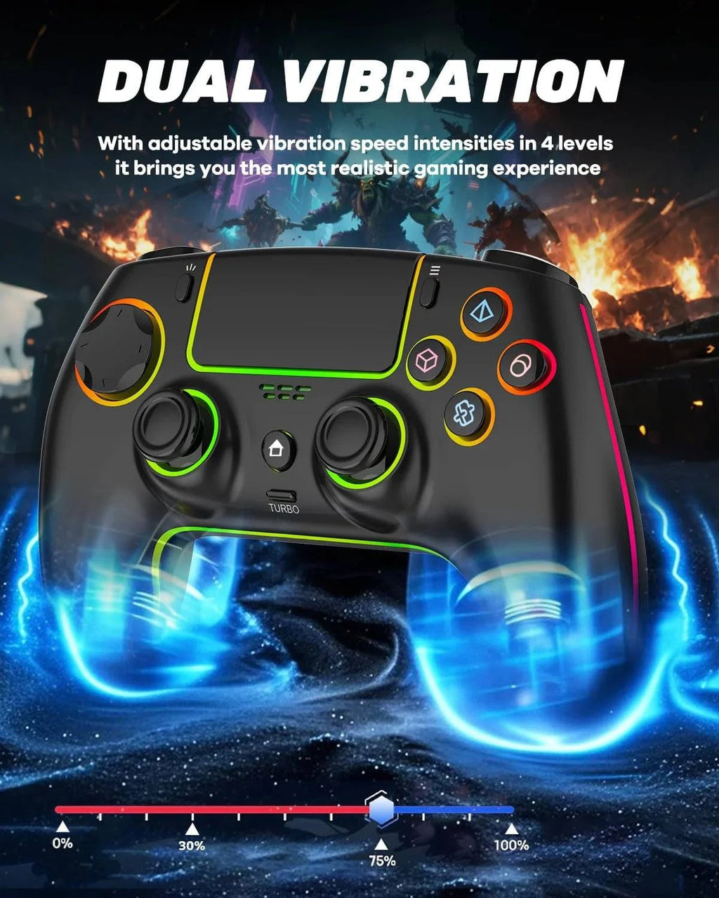 Nehwei wireless PS5 controller with anti-drift design, dual hall joysticks, RGB lighting, macro back buttons, and 1500mAh battery.