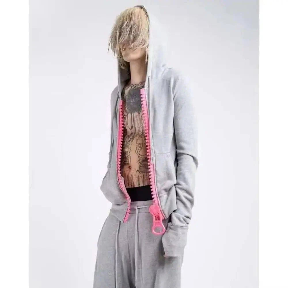 Loose Y2K street Harajuku oversized hoodie by Nehwei with zipper, multiple pockets, solid color, American fashion trend for women.