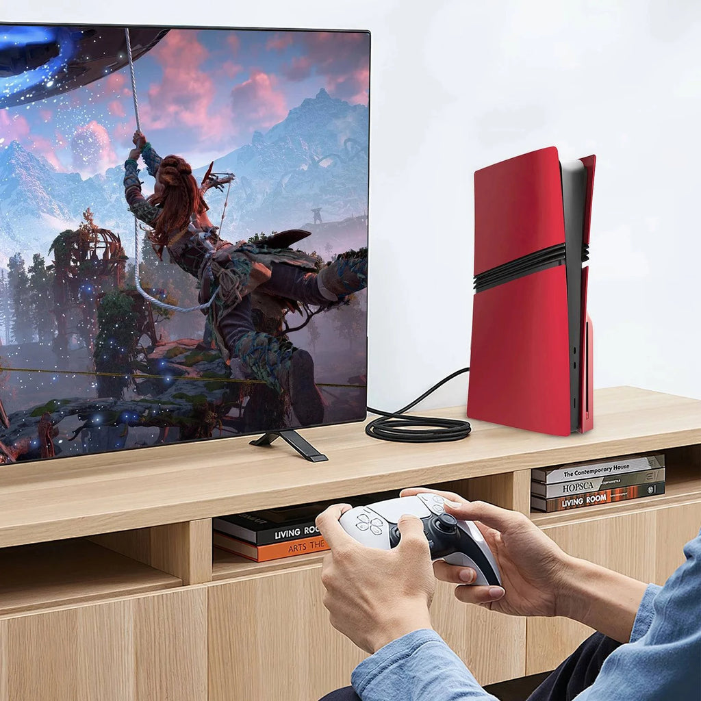 Red Nehwei enterprise PS5 Pro faceplate cover with extra silicone controller covers, made of ABS shell with matte finish.