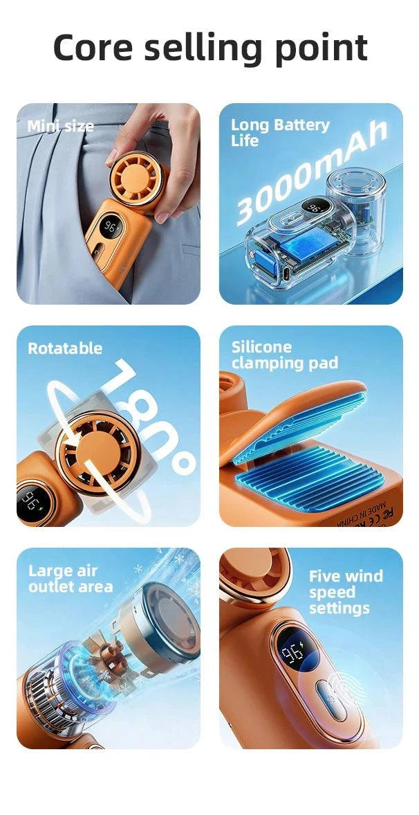Nehwei handheld mini fan with 3000mAh battery, 5 speeds, adjustable 180° tilt, LED display, clip, and Type-C recharge port.
