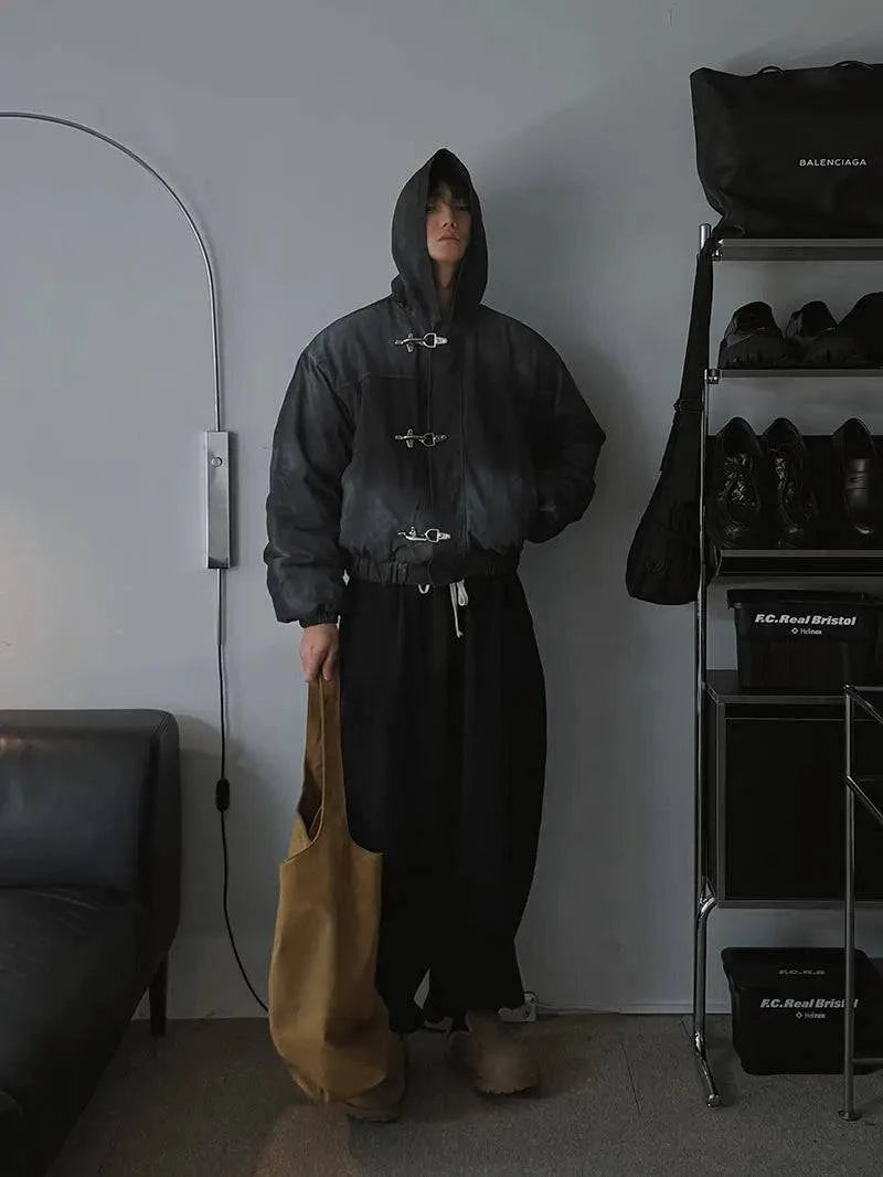 Nehwei enterprise oversized hoodie with snap fasteners, high street Y2K retro punk jacket, loose fit, men's fashion clothing