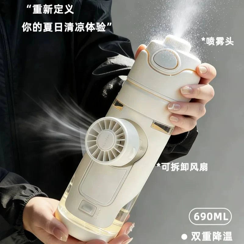 Nehwei enterprise 2-in-1 portable water bottle with built-in fan and mist spray, leakproof design ideal for outdoor sports and kids.