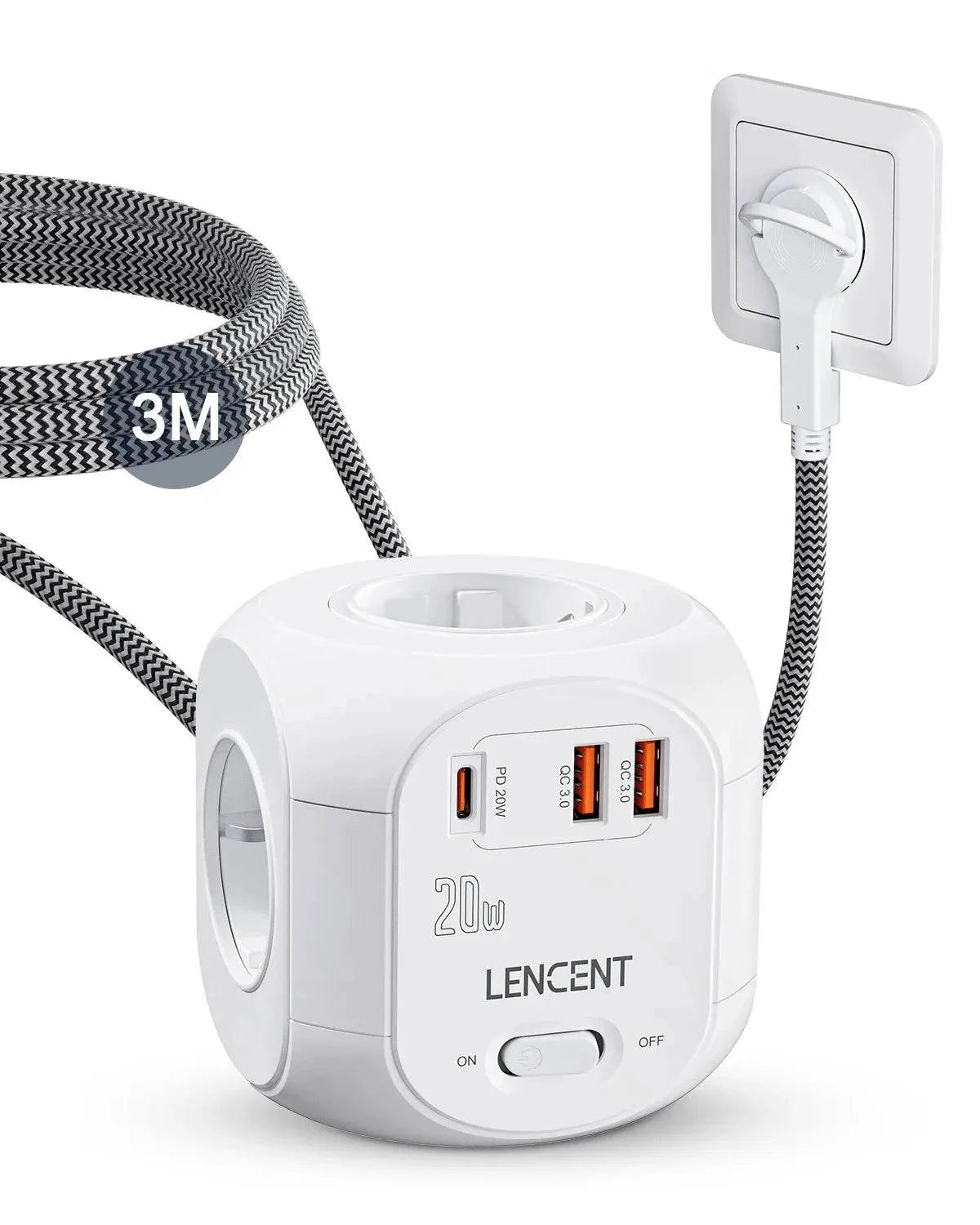 LENCENT flat EU plug power strip cube with 4 AC outlets, 2 USB QC3.0 ports, Type-C PD20W fast charging, braided cable.