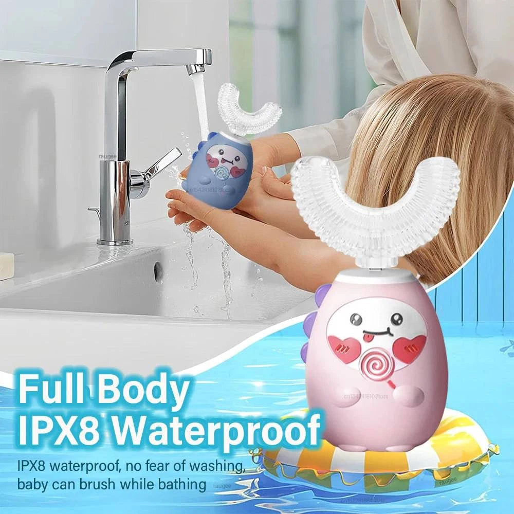 Nehwei children's U-shaped electric toothbrush with cartoon design, USB rechargeable, ideal for kids' oral hygiene.
