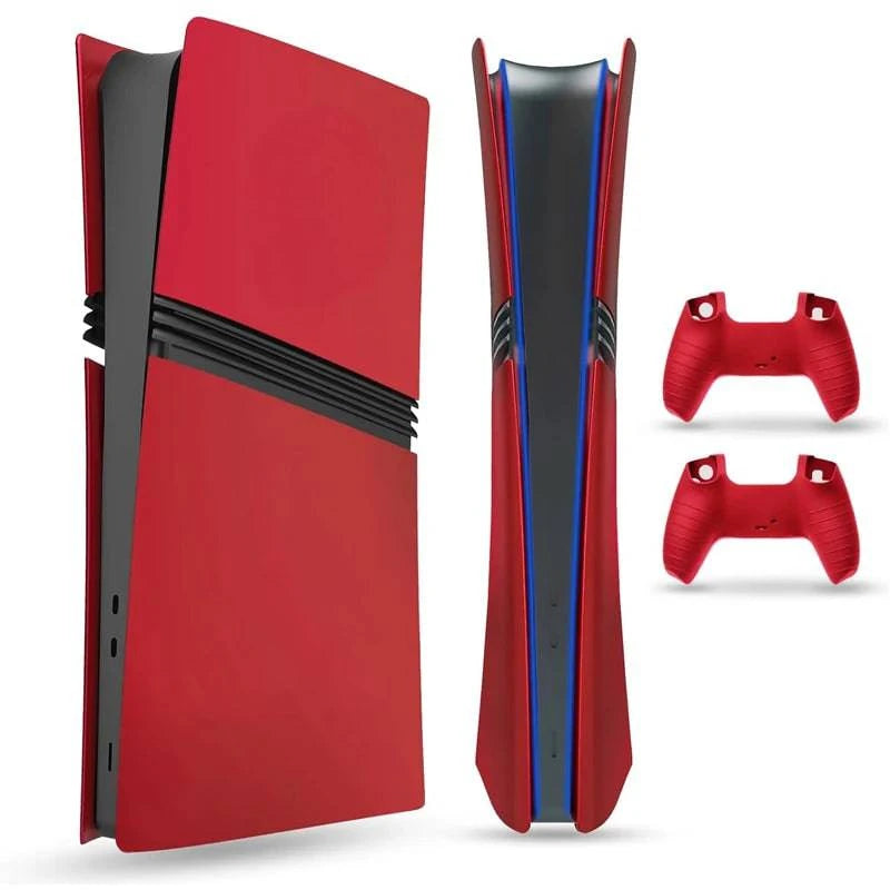 Nehwei enterprise PS5 Pro faceplate cover with red silicone controller covers, matte ABS shell, for digital and disc editions.