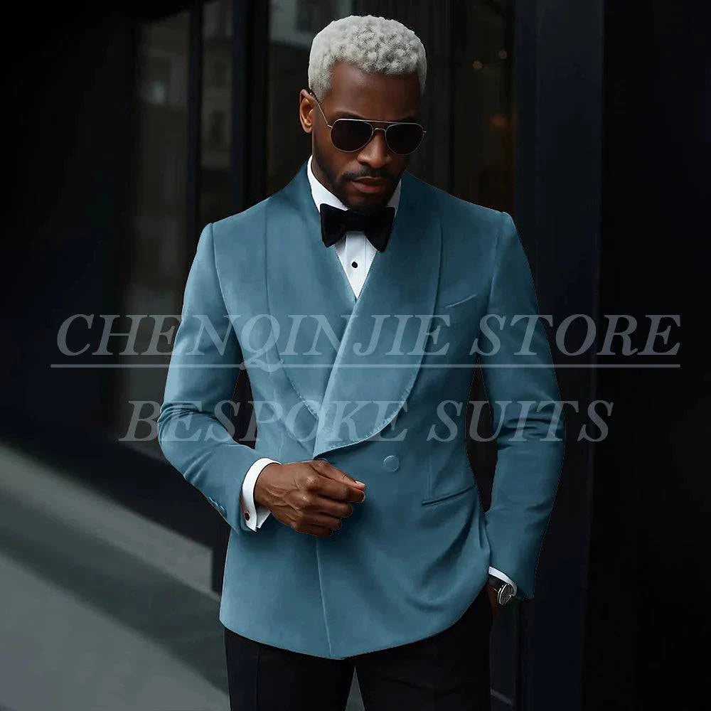 Nehwei men's luxury velvet double breasted suit with shawl lapel, slim fit jacket and matching pants for prom or party attire.
