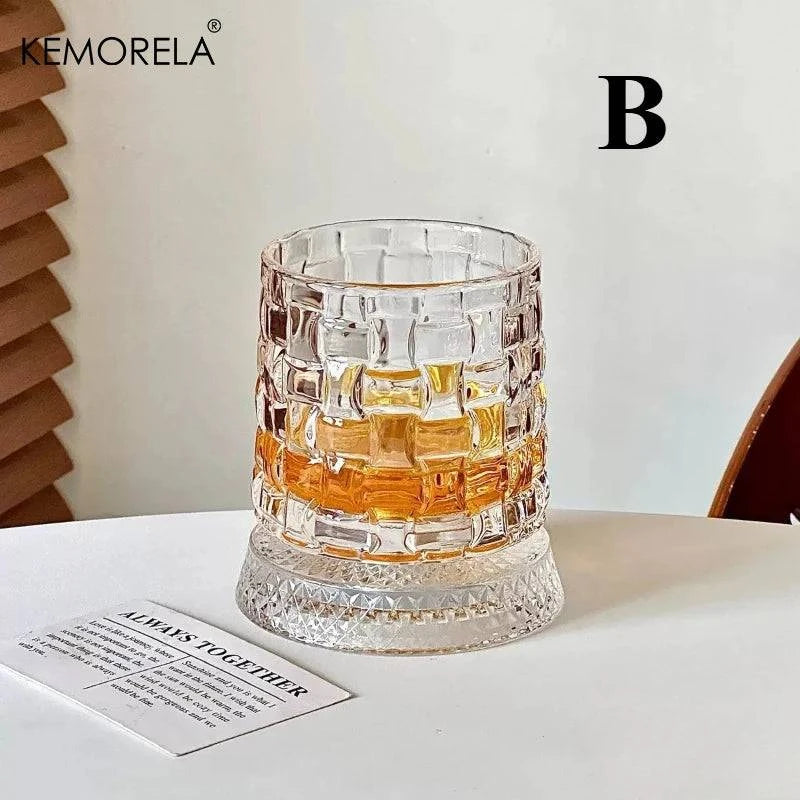 Nehwei enterprise rotating whisky glass with 360-degree spin, crystal clear design, thick base for bourbon and scotch whiskey.