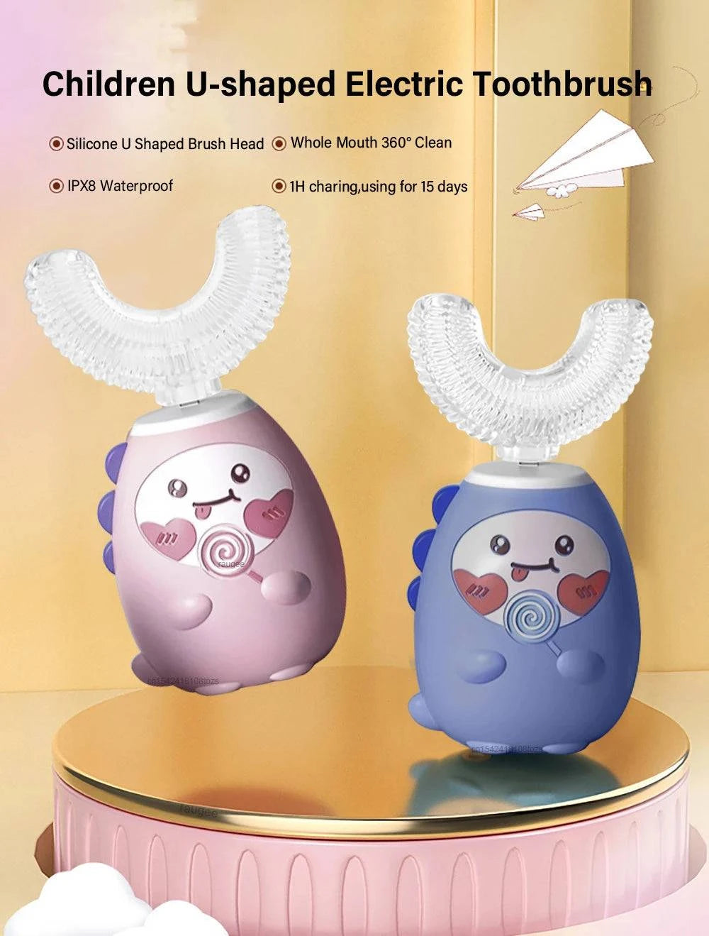 Nehwei children's electric toothbrush with U-shaped design, USB rechargeable, colorful cartoon for kids' dental care.