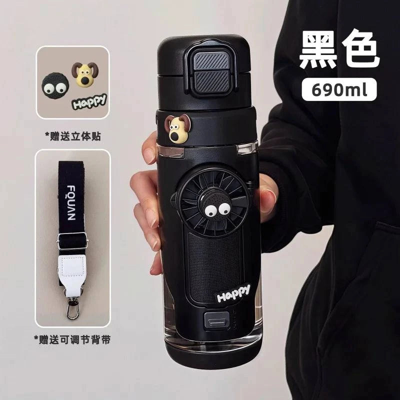 Nehwei 2-in-1 portable water bottle with built-in fan and mist spray, leakproof cooling cup for outdoor sports and kids.