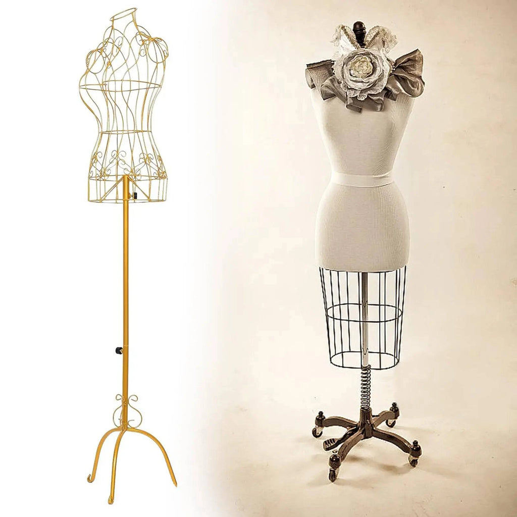 Female mannequin iron dress form with adjustable height and stable base, perfect for tailoring, dressmaking, and shop display.