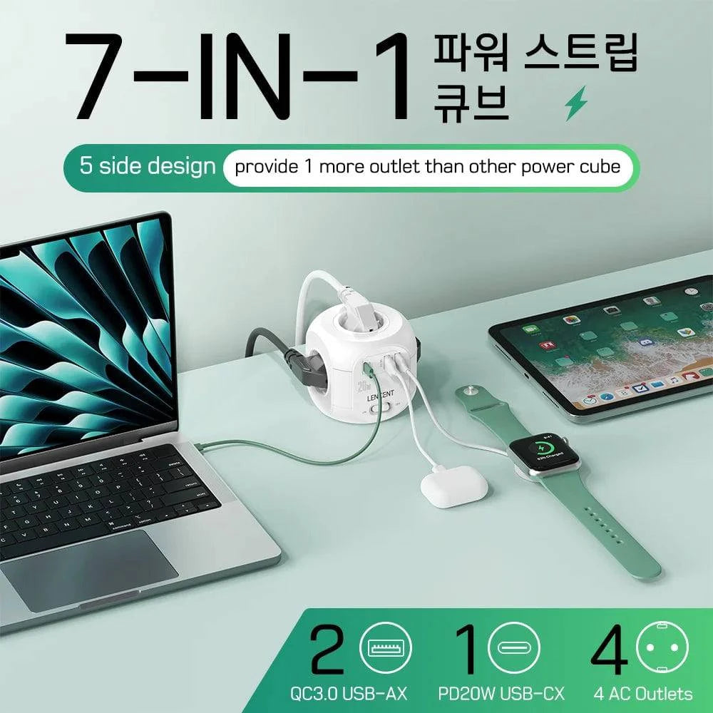 Nehwei enterprise LENCENT flat EU plug power strip cube with 4 AC outlets, 2 USB QC3.0 ports, Type C PD20W, braided cable