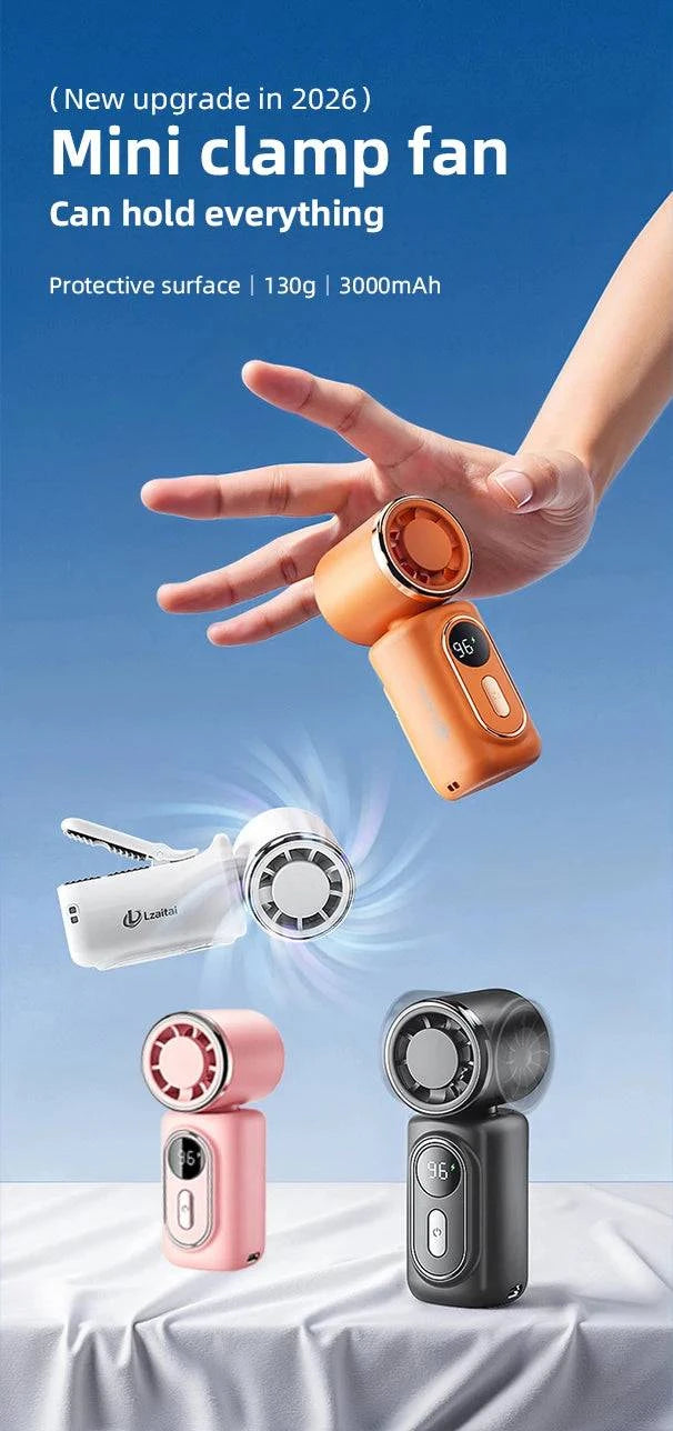 Nehwei enterprise handheld mini fan with LED display, 3000mAh battery, 5 speeds, adjustable 180°, clip, portable cooling fan